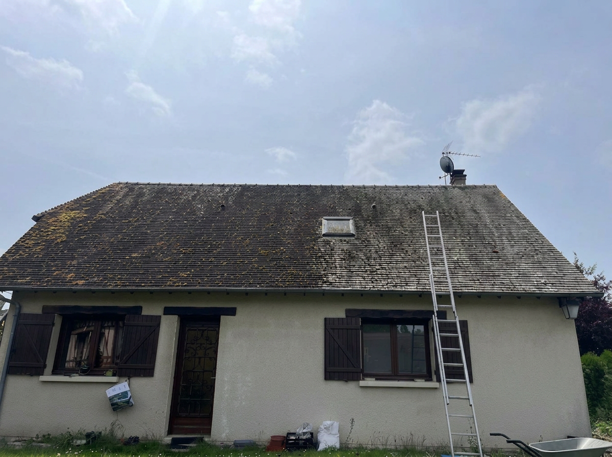 Toiture encrassée par la mousse et les lichens avant nettoyage